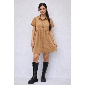 VTG Y2K Camel Brown Denim Babydoll Dress Sz S ButtonDown CottonBlend Tiered Back